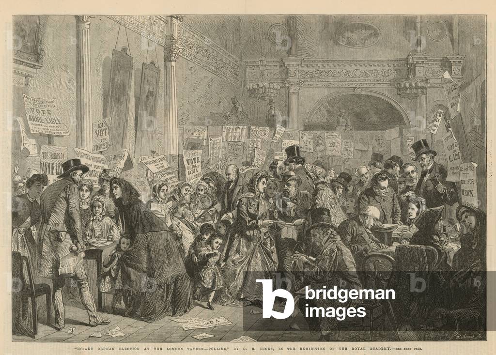 Élection d'orphelins en bas âge à la taverne de Londres (gravure) par George Elgar Hicks, b/w