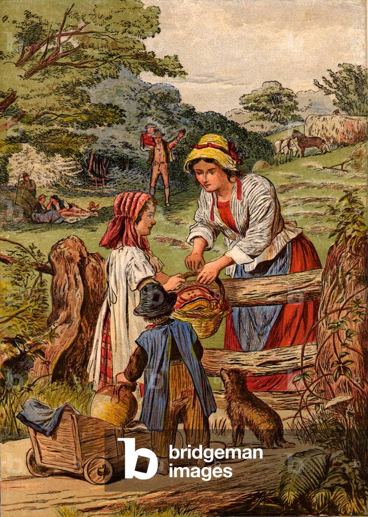 Les enfants qui apportent de la nourriture aux parents qui font du foin 1870, b/w