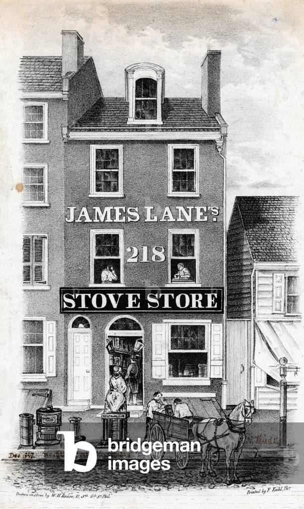 James Lanes Ofenladen, Nr. 218 North Third Street, Philadelphia, gedruckt von Frederick Kuhl, Dezember 1847 (l