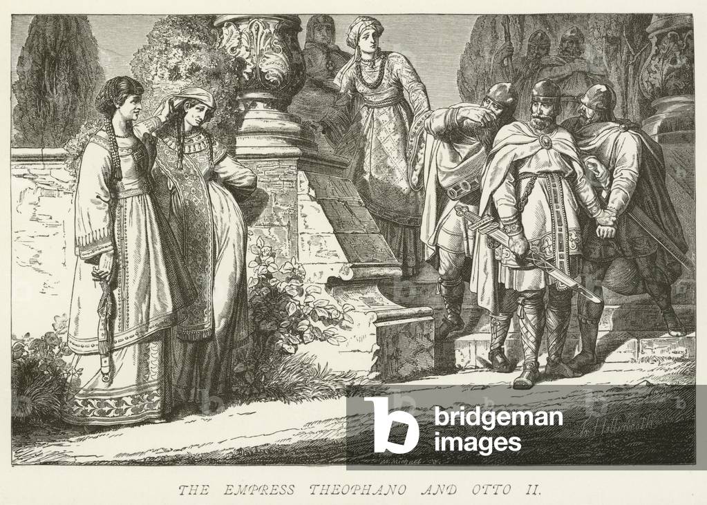 "L'imperatrice Teofano e Otto II (incisione)" di German School, b/w