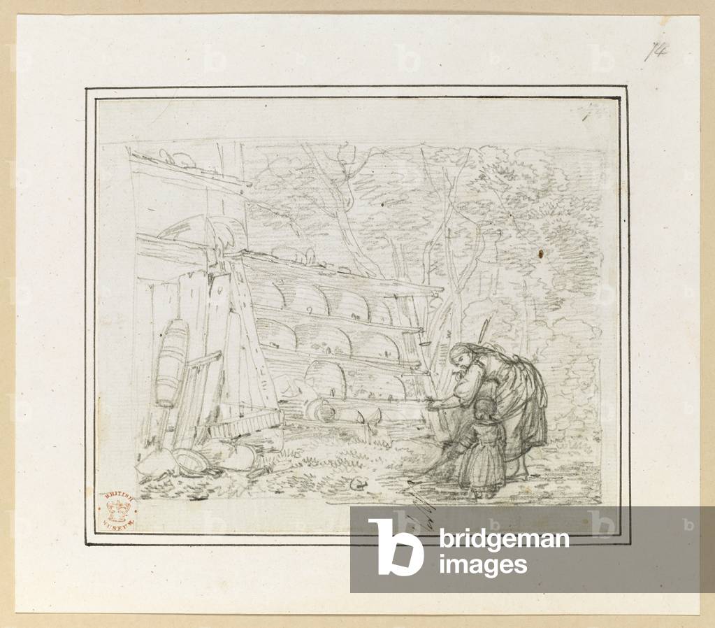 Une femme et un enfant qui s'occupent de l'urticaire d'abeille ; Un dessin au crayon., b/w