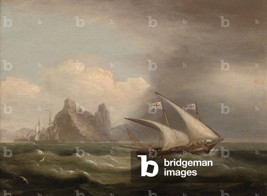 Bild von Gemälde "Eine bewaffnete Xebec im Mittelmeer", 1822 von Thomas Luny, b/w