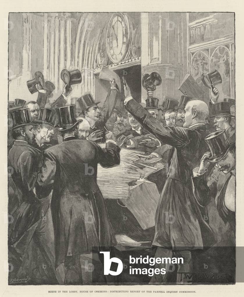 Scene in the Lobby, House of Commons, distributing Report of the Parnell Inquiry Commission (engraving)