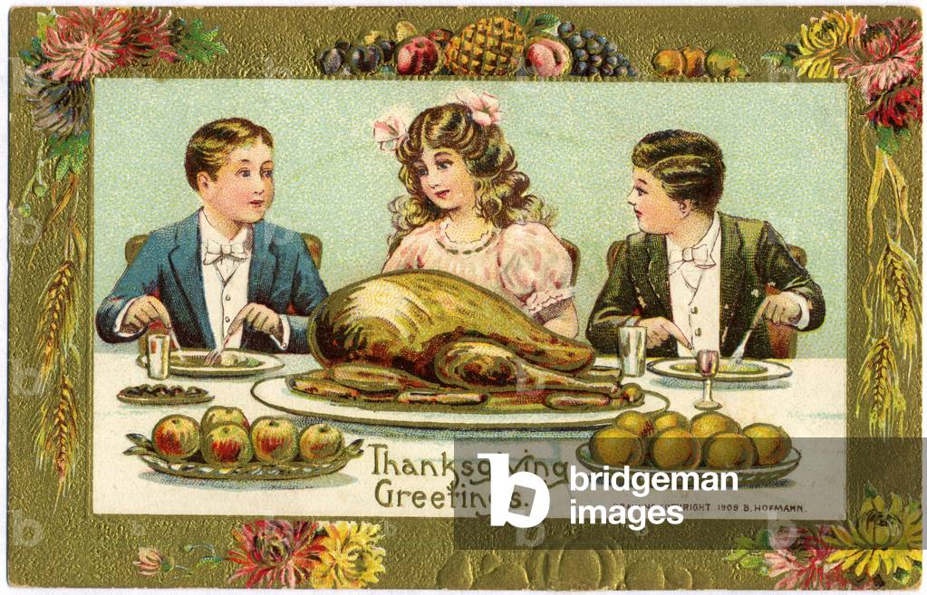 Two Boys and Girl Eating Turkey Dinner