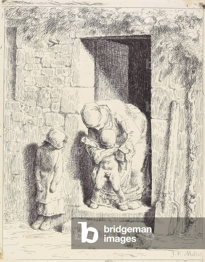 "Die mütterliche Vorsorge", 19. Jahrhundert von Jean-Francois Millet, b/w