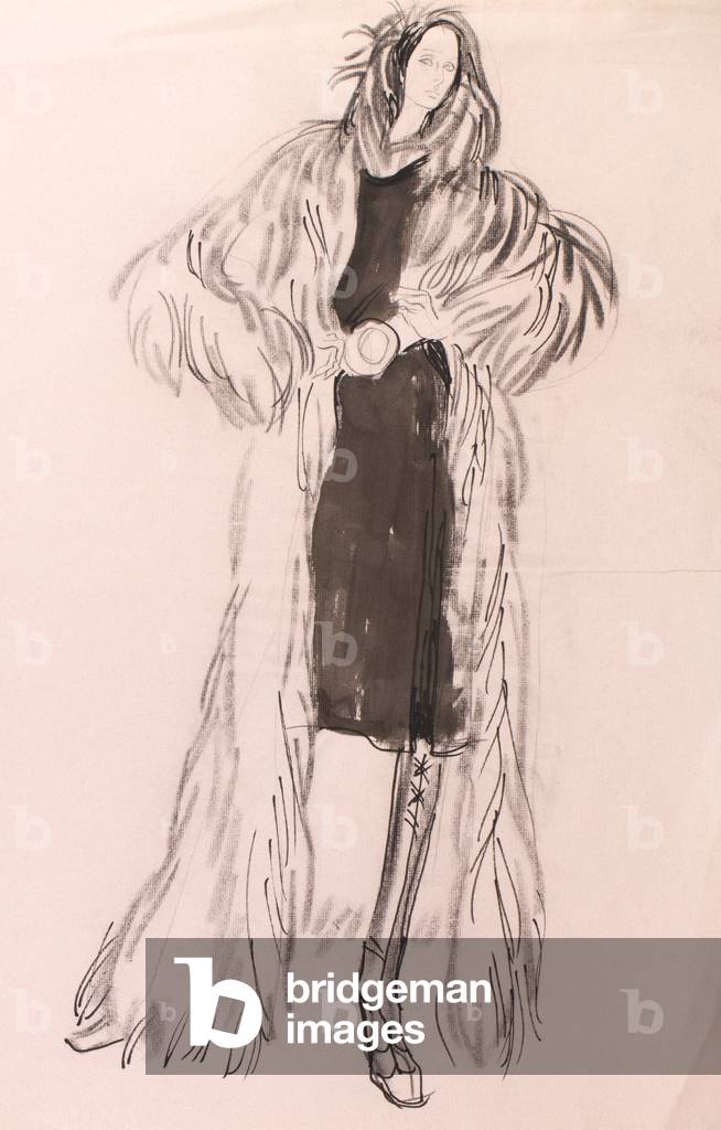 Modellazione di una pelliccia (carbone, penna, pennello e inchiostro su carta rosa)