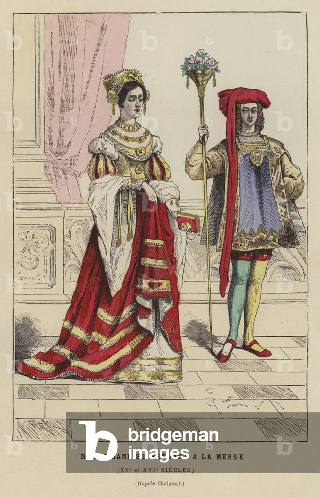 Edelfrau geht zur Messe, 15. oder 16. Jahrhundert (farbige Gravur)