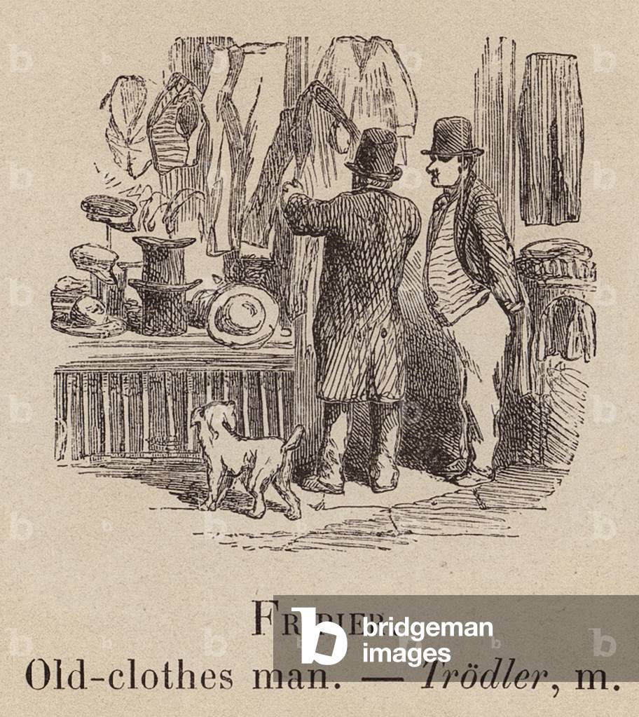 "Le Vocabulaire Illustre: Fripier; Mann aus alter Kleidung; Trodler (Gravur)" 1873 von European School