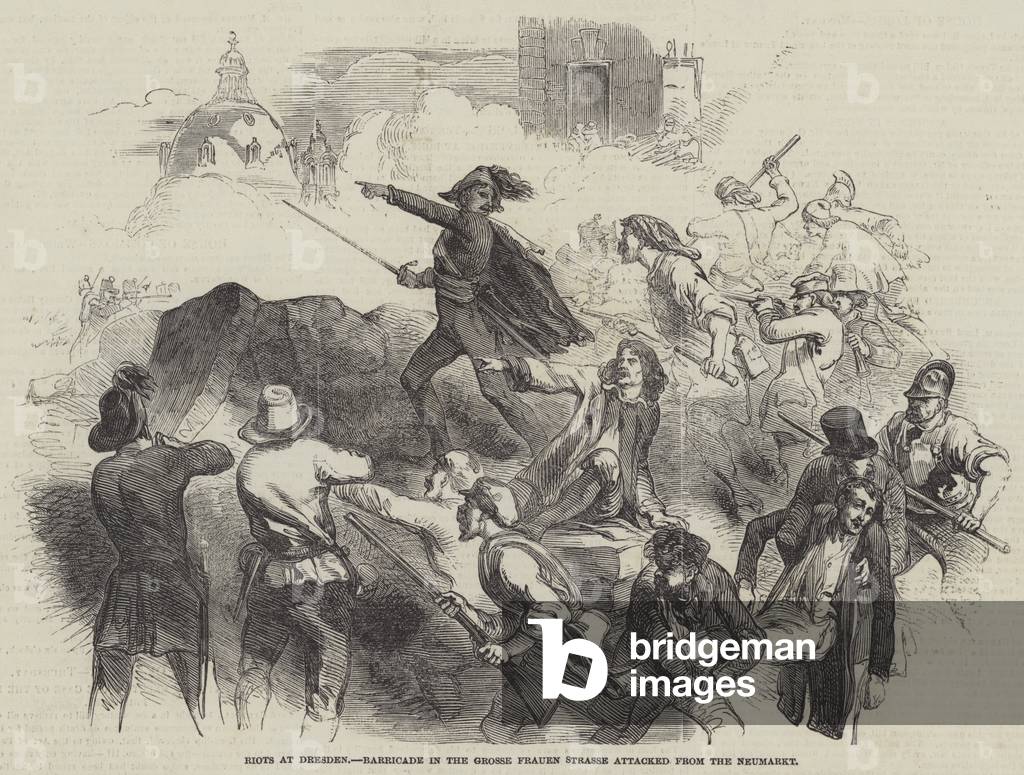 "Rivolte a Dresda" 1849 di English School, b/w