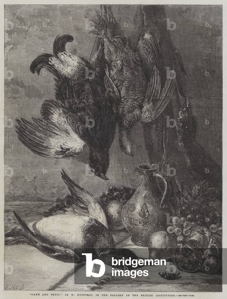 Game and Fruit (engraving) by William Duffield, b/w