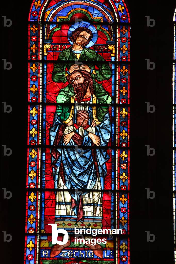 Ezekiel with St John on his shoulders (w122) (stained glass) by French Artist