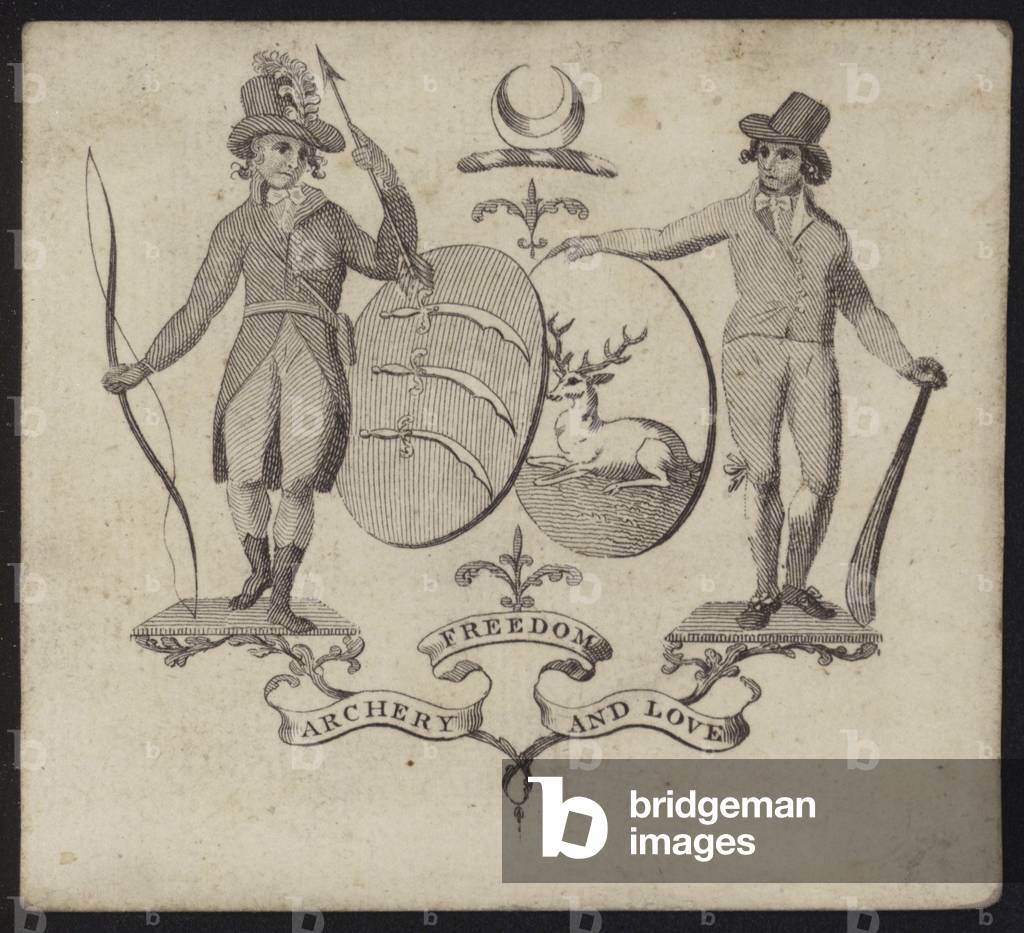 Biglietto d'auguri per la Union Society for Tiro con l'arco e il cricket, con il motto «Tiro con l'arco, la li
