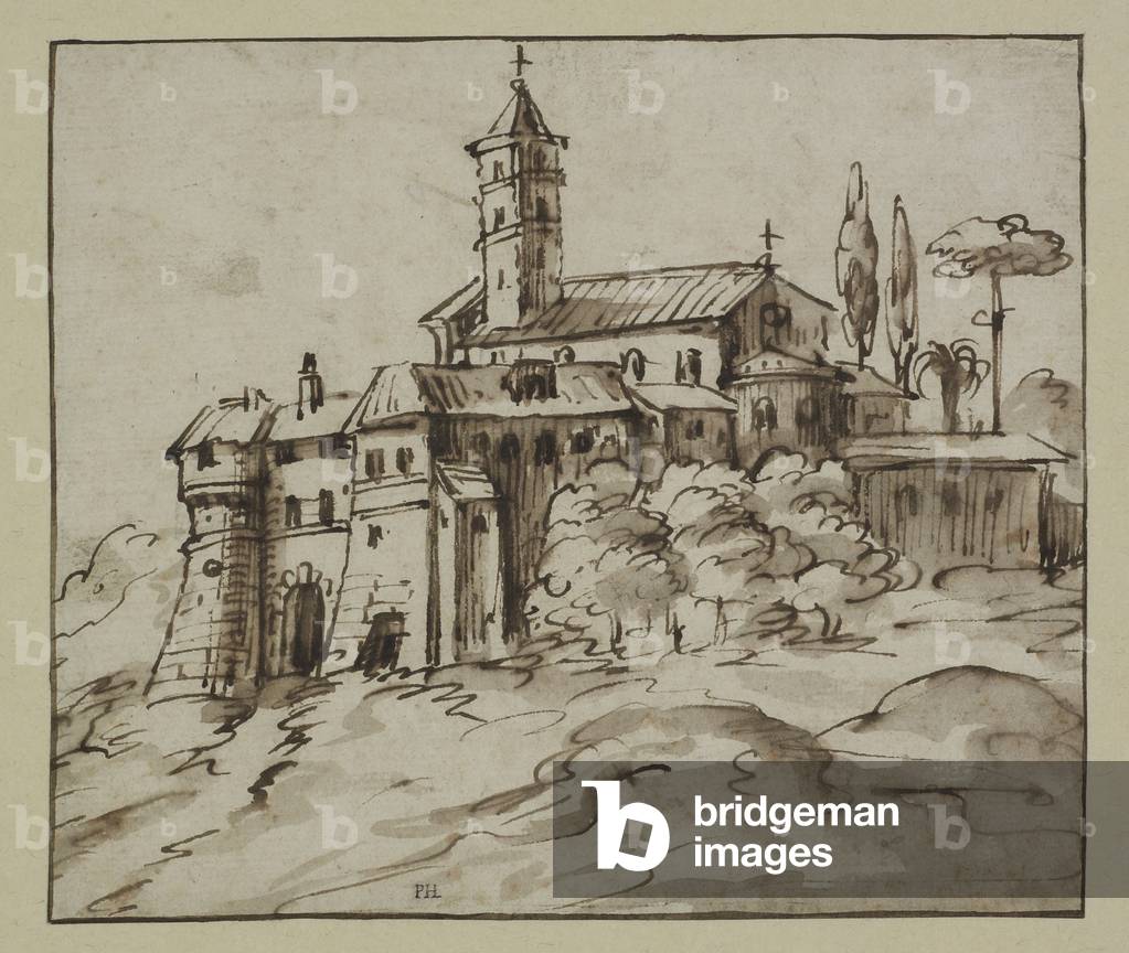 Eine Italianate Hill-Top Town (Stift & Tinte mit braunem Waschen auf Papier)