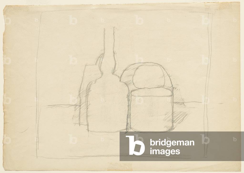 Image of Drawing depicting Still Life with Bottle, 1949 by Giorgio Morandi, b/w