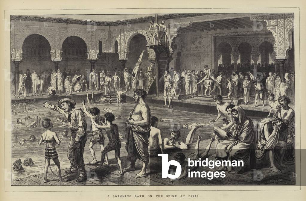 Un bain de natation sur la Seine à Paris (gravure)