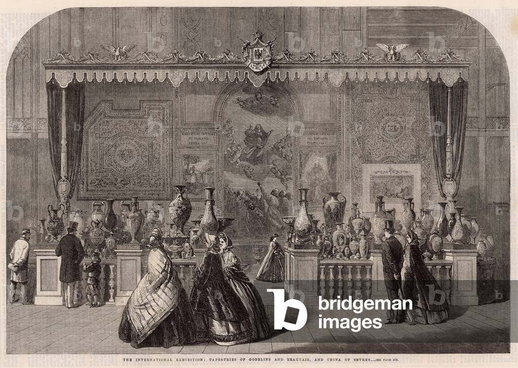Die Internationale Ausstellung; Tapisserien von Gobelins und Beauvais und China von Sevres (Gravur)