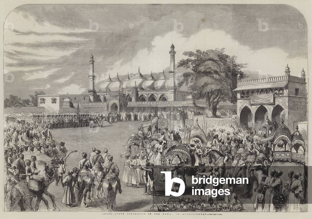 "Große Staatsprozession des Nawab von Moorshedabad (Gravur)" 1857 von English School, b/w