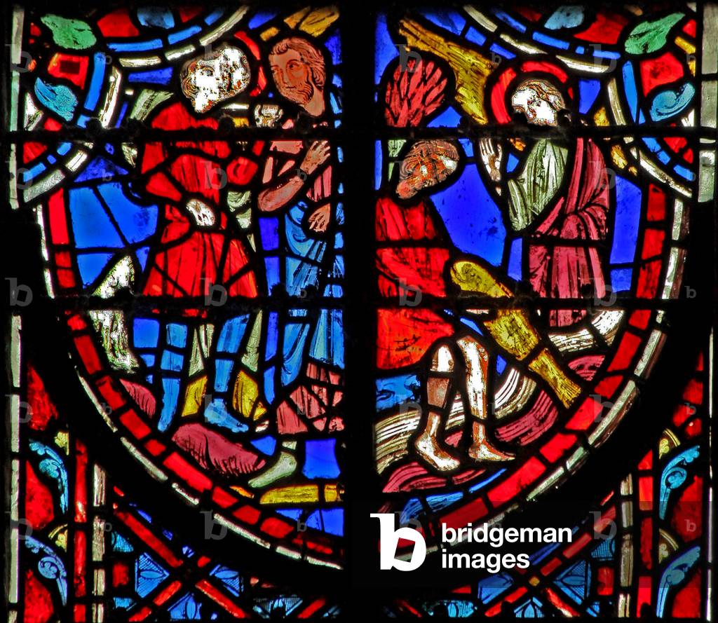 Window w11 Tobias arrives at Raguel's house (L) the young Tobias catching a fish (R) Tob VI 4 (stained glass) 