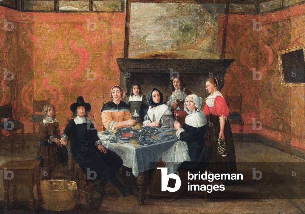 Un interno con una famiglia a un pasto (olio su tela)