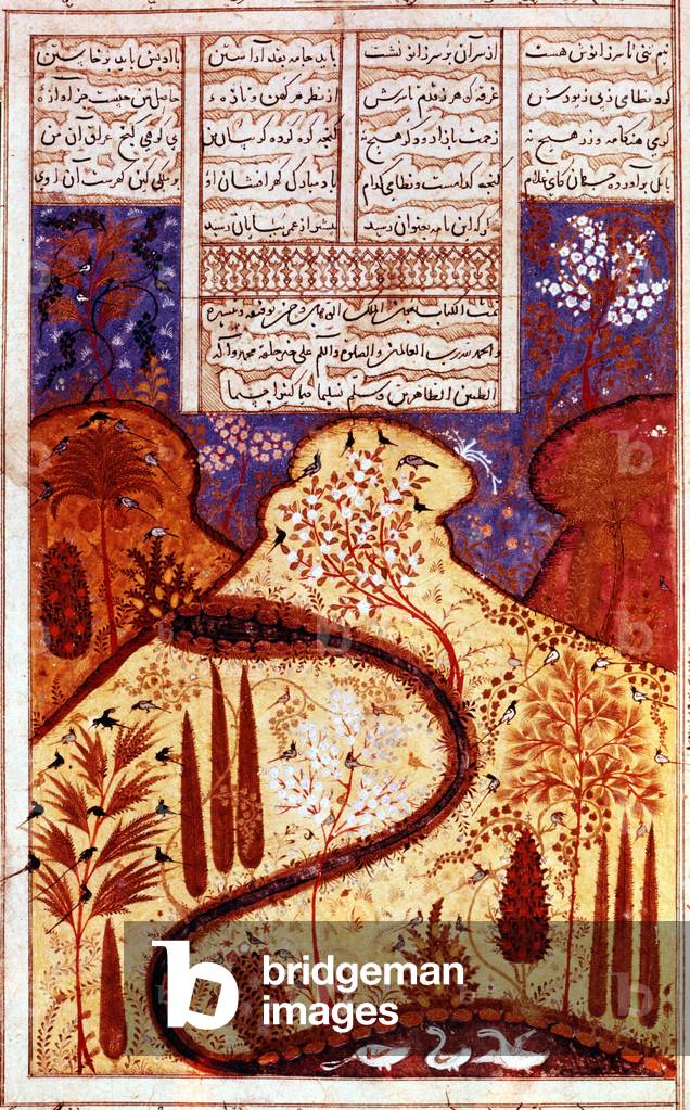 Ein Paradiesgarten mit erfrischendem Bach, der durch blühende Bäume und Zypressenhaine in Richtung eines Pools