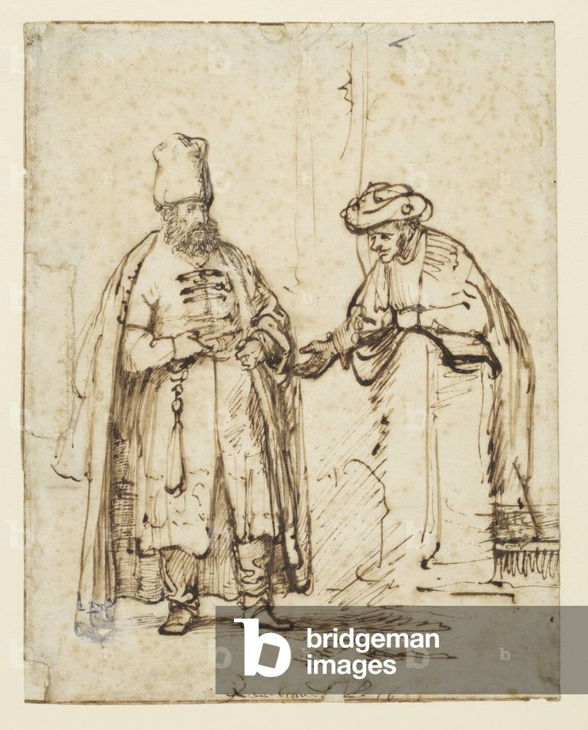 Two men in discussion, 1641 (quill & reed pen in brown ink with corrections in white bodycolour (darkened) on 