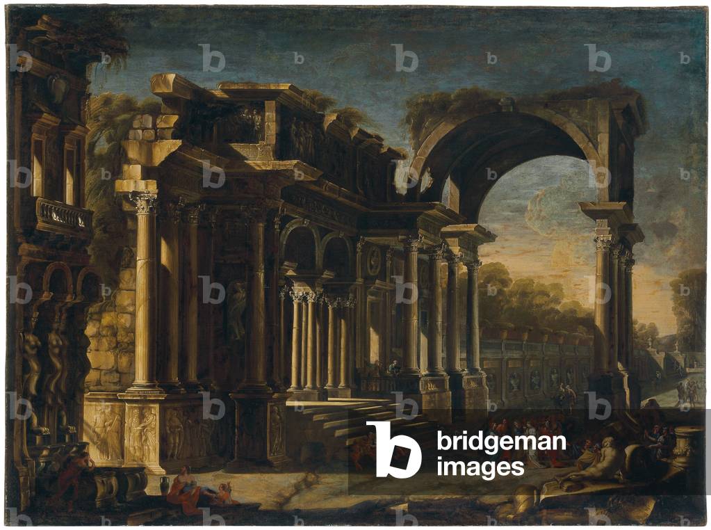 Capriccio with Roman ruins and Christ with the Woman Taken in Adultery (oil on canvas)