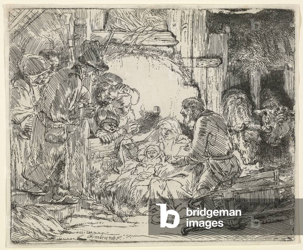 Immagine di Incisione "Adorazione dei pastori", 1654 di Rembrandt Harmensz. van Rijn, b/w