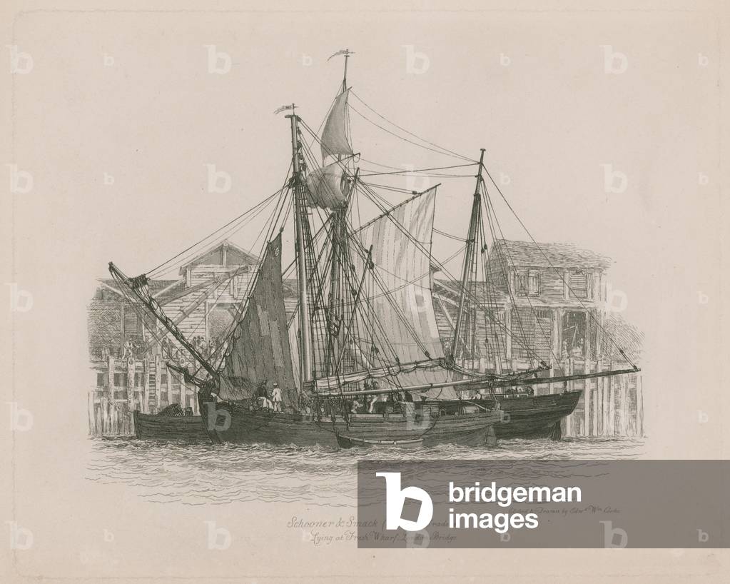 "Schooner & Smack sdraiato a Fresh Wharf (incisione)" di Edward William Cooke