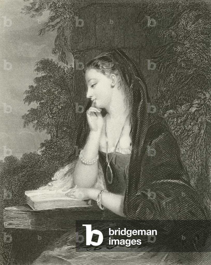 Maiden Meditation (engraving) by Gilbert Stuart Newton, b/w