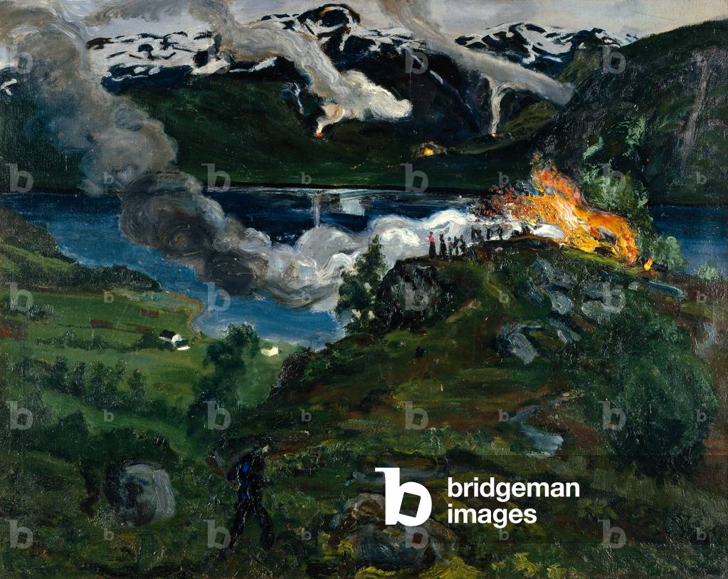 "Mittsommerfeuer am Jølsterwasser" von Nikolai Astrup
