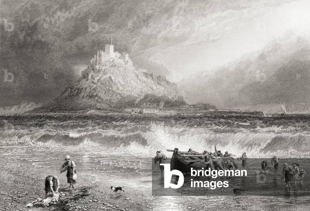 St.Michael's Mount, Cornovaglia, Inghilterra. Stampa disegnata da Birket Foster incisa da J Saddler da «Pittor