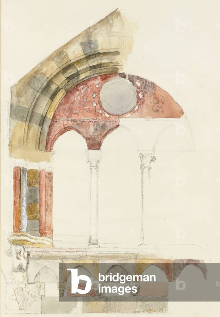 Ein Fenster des Broletto, Como: schnelle Skizze in Farbe, zeigt Methode des Einlegens von Murmeln, August 1869
