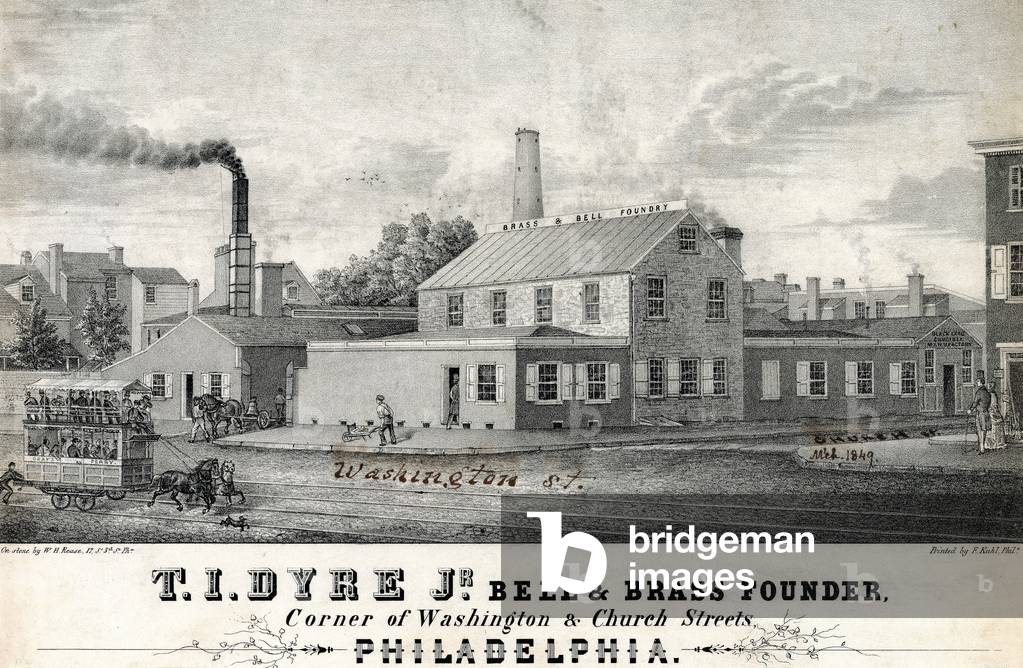 T. I. Dyre, Jr. campana & ottone fondatore, angolo di Washington & Church Strade, Philadelphia, stampato da Fr