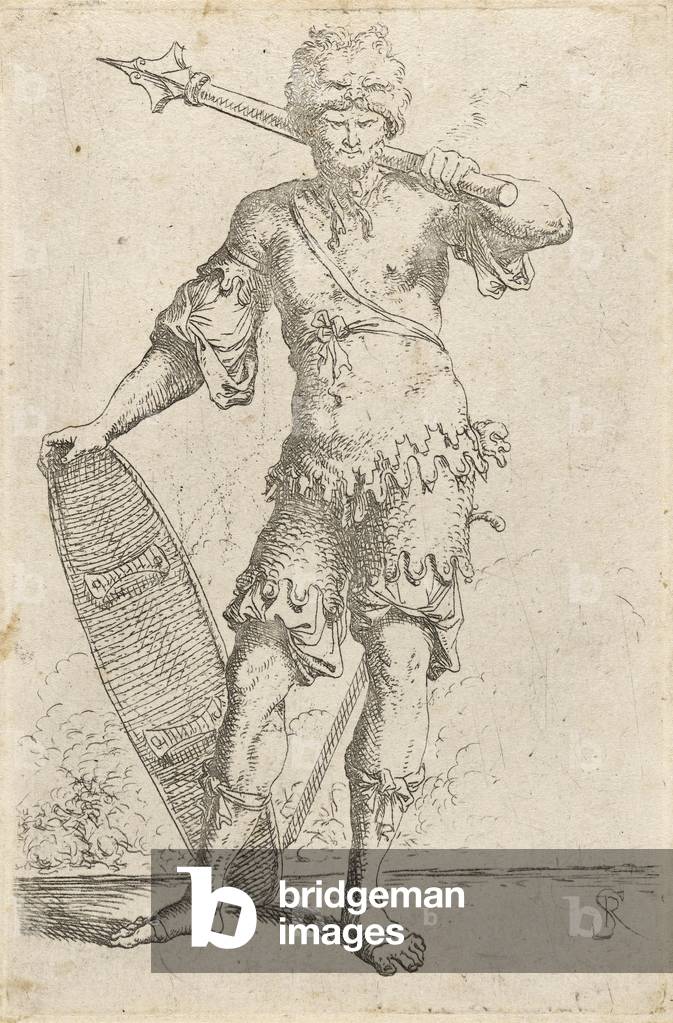 In piedi Exotic Warrior Indossare un Leone-testa Berretto, in possesso di un Mace e scudo, c. 1656-57 (incisio