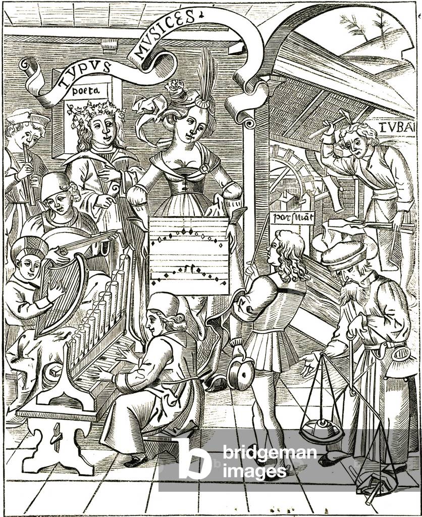 The Personification of Music from Gregor Reisch Margarita Philosophica, Strassbourg, 1508. In left foreground 