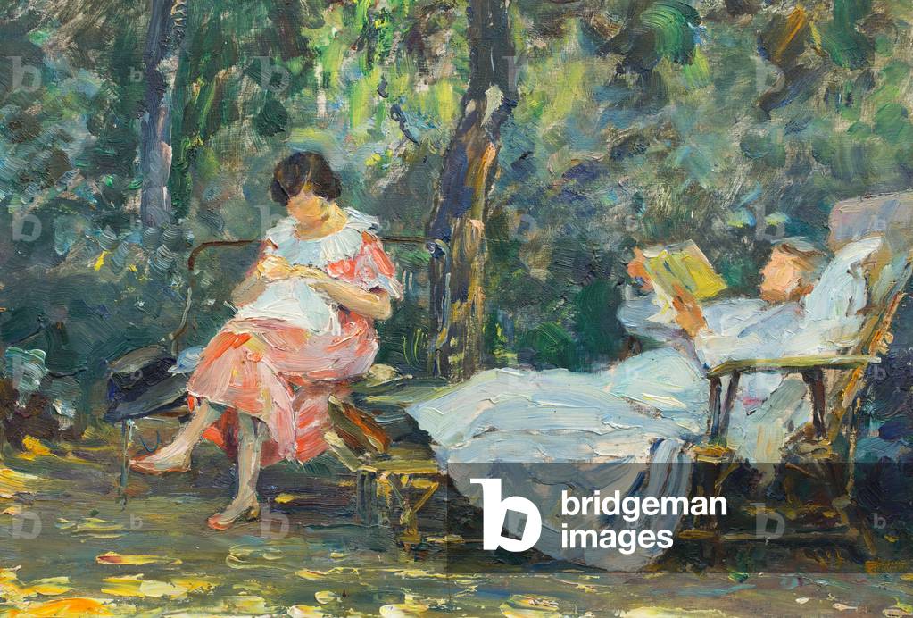 Immagine di Dipinto "Leggere e lavorare a maglia in giardino (olio su tavola)" di Olga Slomszynska