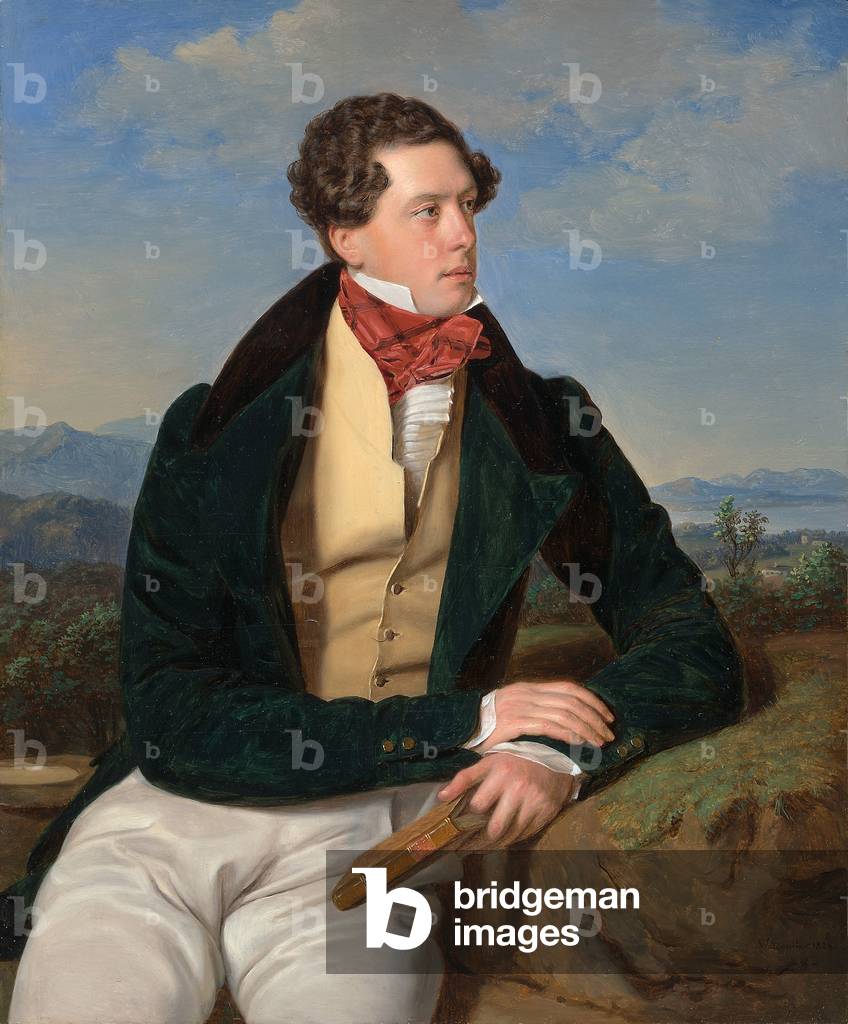 L'attore Maximilian Korn in un paesaggio, 1828 (olio su tavola)