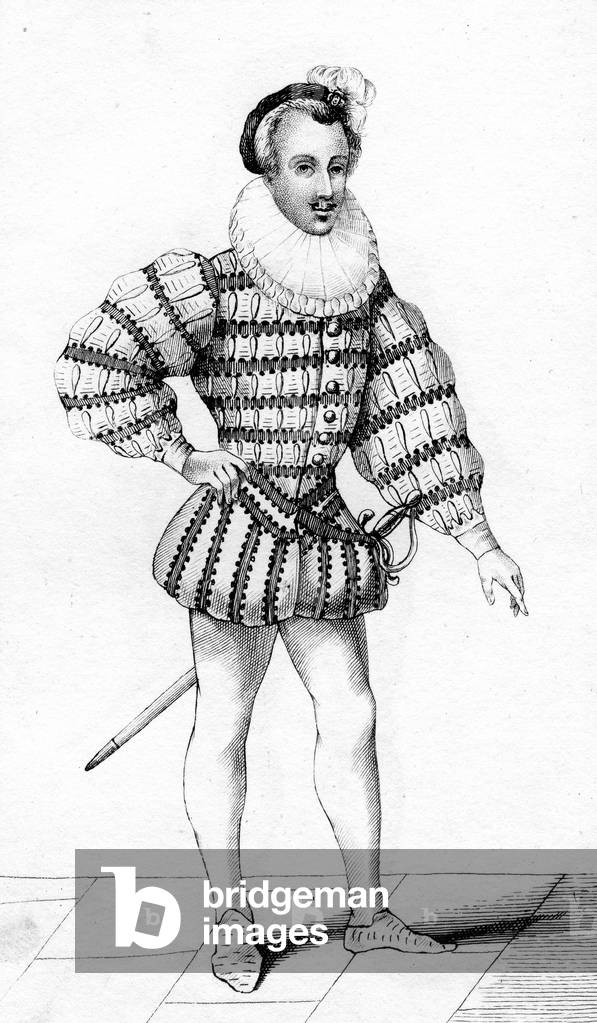 Image of Drawing depicting French vintage clothes XVI century Henri kingdom III, b/w