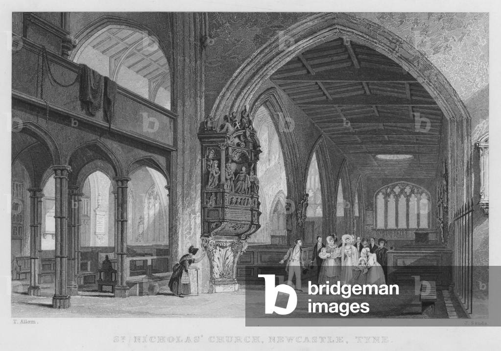 St Nicholas' Church by Thomas Allom, b/w