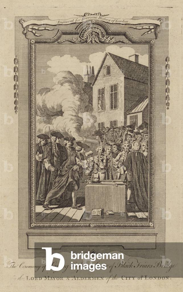 "La cerimonia di posa della prima pietra del Ponte dei Frati Neri (incisione)" di English School, b/w