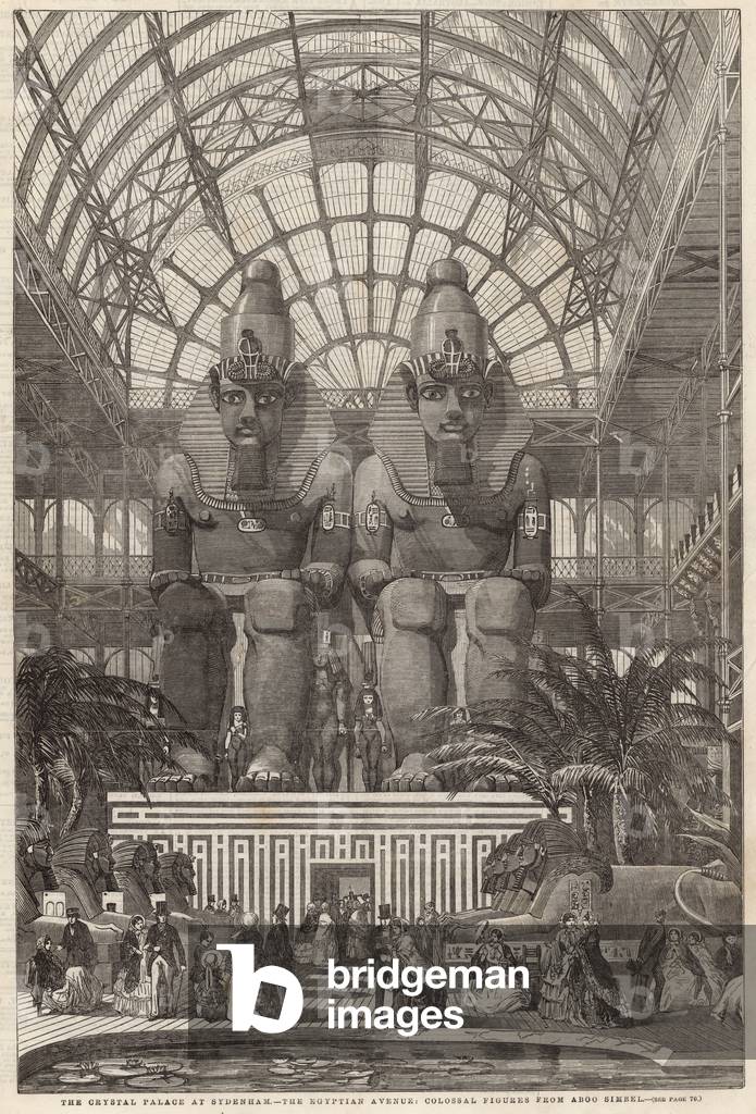 il cristallo palazzo a sydenham; il viale egiziano, figure colossali dal Aboo Simbel (incisione)