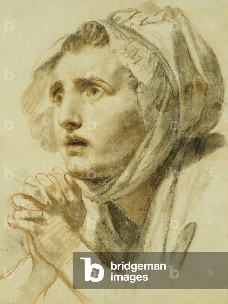 porträt von einem frau, Büste Länge, in ein haube, mit ihre hände verschluß, (rot kreide, überarbeitet in schw