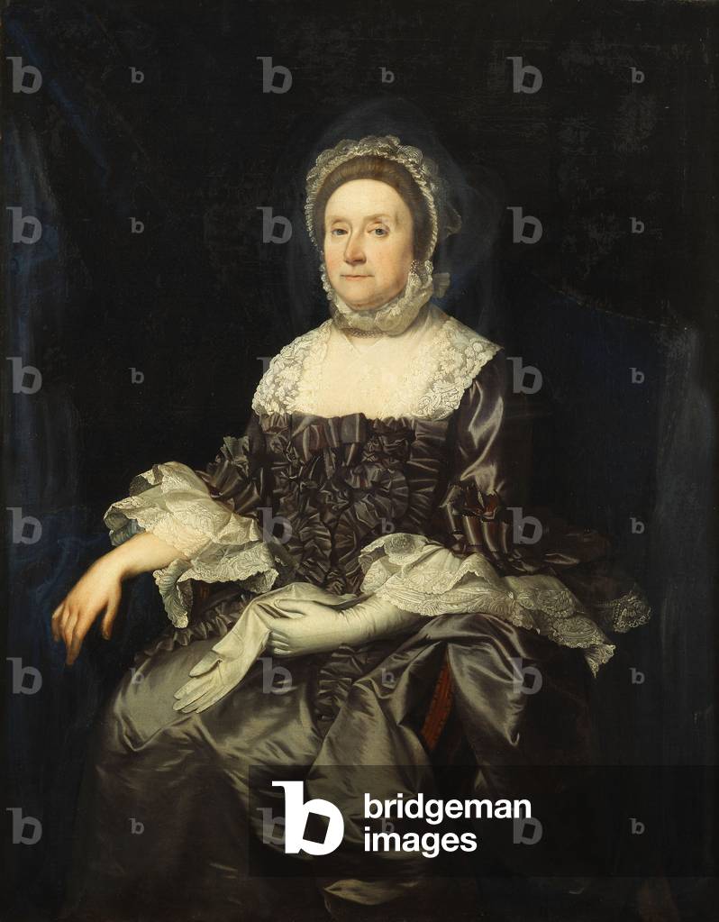 Ritratto di Deborah Worsley di Platt, seduti tre quarto di lunghezza, in un abito malva con collare di pizzo b