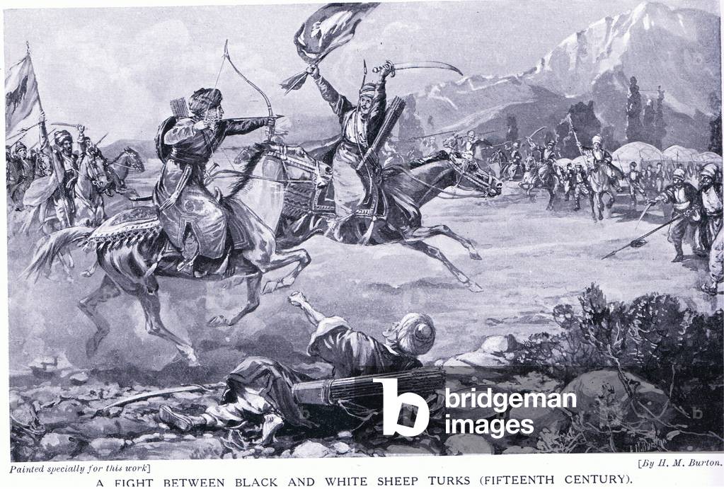 Bild von Druck "Ein Kampf zwischen schwarzen und weißen Schafen Türken im 15. Jahrhundert (litho)" von H.M. Bu