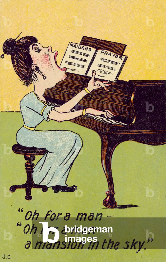 Donna che suona il pianoforte e cantando una canzone intitolata Preghiera di Maiden (chromolitho)