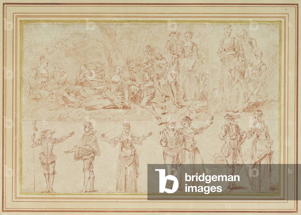 Zwei Fete Galantes und Studien von Einzelfiguren und Paaren (rote Kreide auf Papier)