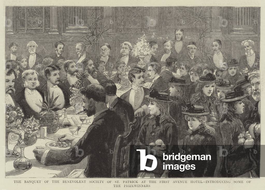 Le banquet de la Société de bienfaisance de St Patrick à l'Hôtel First Avenue par Charles J. Staniland, b/w