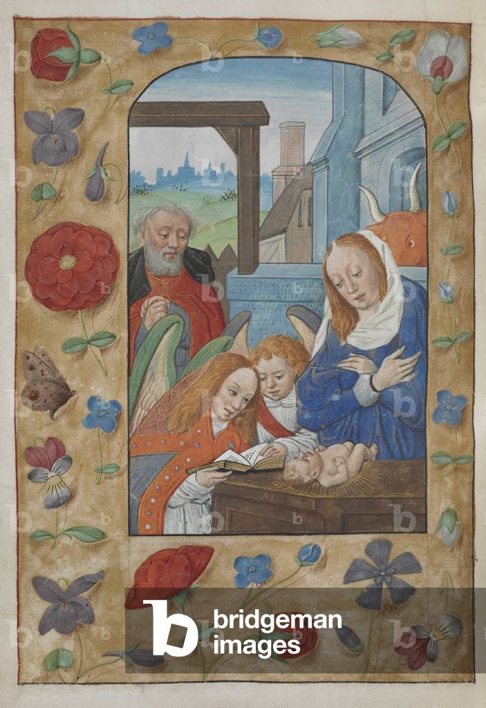 Le ore di Prime. La Natività; la Vergine, Cristo e Giuseppe con due angeli