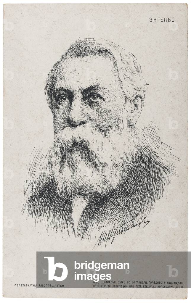 Cartolina Postale di propaganda sovietica raffigurante Friedrich Engels, prodotta per celebrare il primo anniv