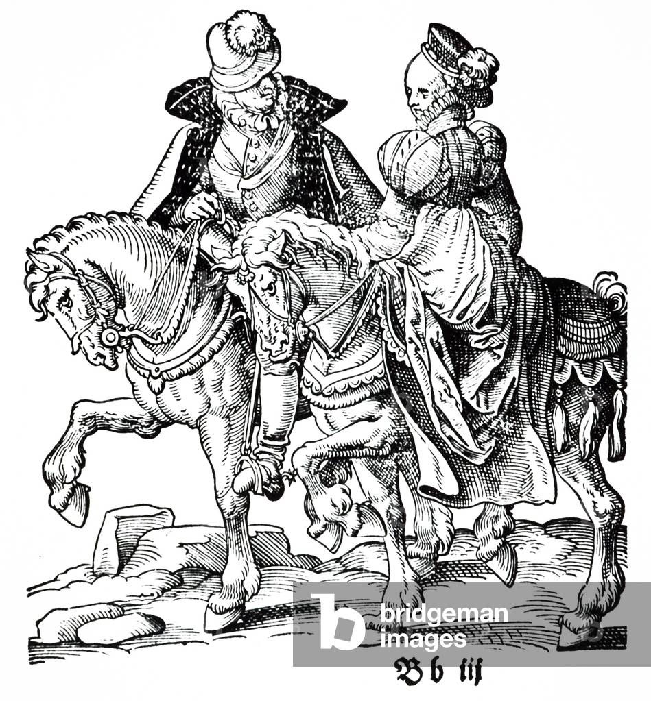 Eine Dame auf dem Seitensattel, begleitet von einem männlichen Begleiter. Holzschnitt von Jost Amman (1539-159